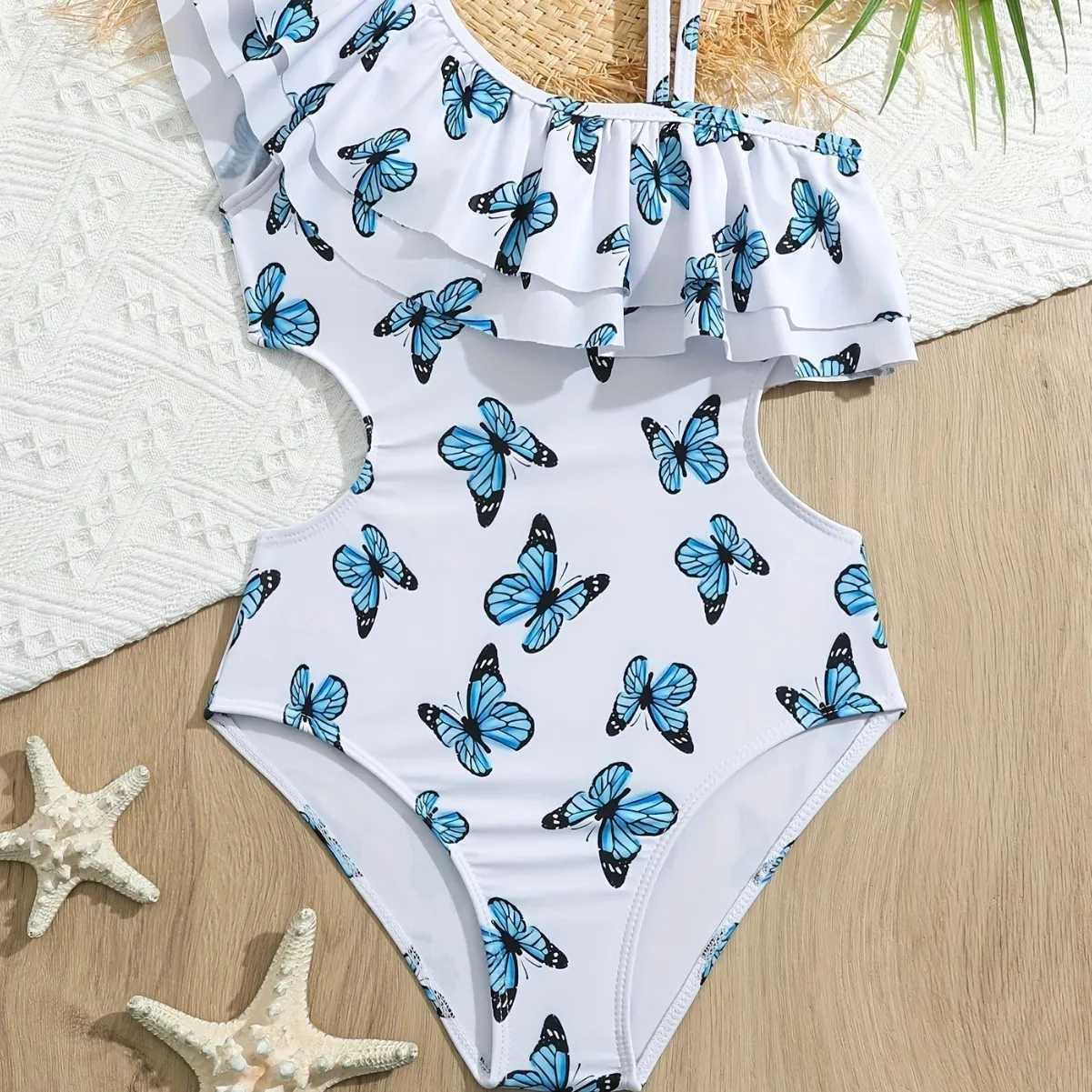 Girl One Shoulder Butterfly One Piece Swimsuit for Kids Ruffle Childrens Swimwear 8-12 Years Beach Wear Cut Out Bathing Suit Z250214