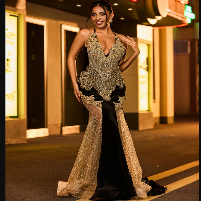 Luxury Black And Gold Evening Dress Diamond Crystal Mermaid African Prom Dress Sequin Plus Size Formal Occasion Party Birthday Bespoke Occasion Dress 