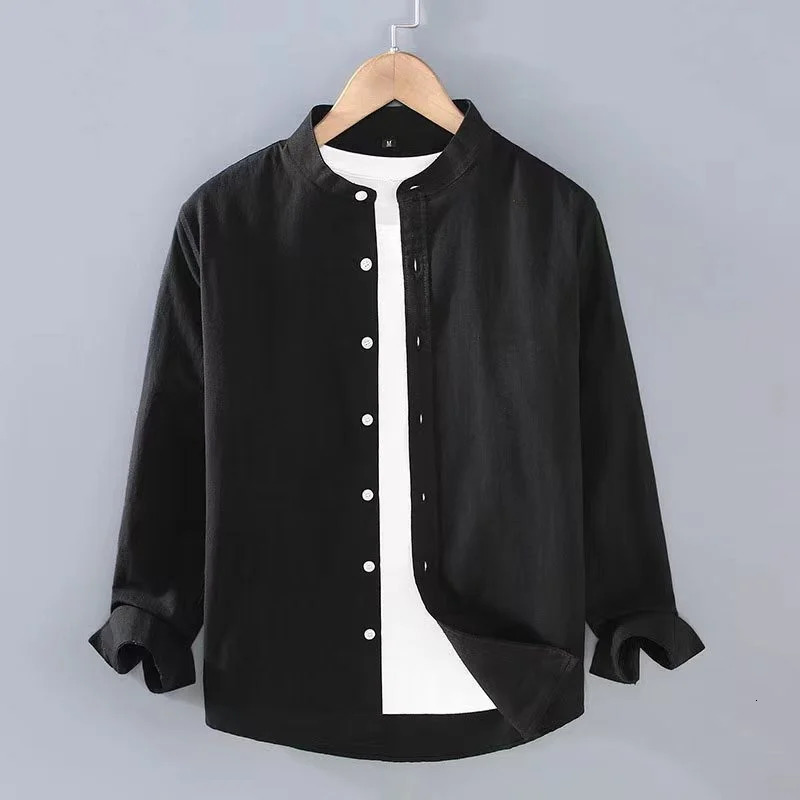 linen shirt stand up collar long sleeved Henry white soft black comfortable simple spring summer mens shirt solid color 250211