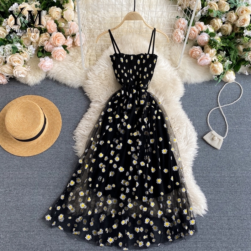 YuooMuoo Korean Fashion Daisy Flower Print Mesh Party Dress Summer Two Layers Spaghetti Strap Vacation Midi Beach Vestidos 250207