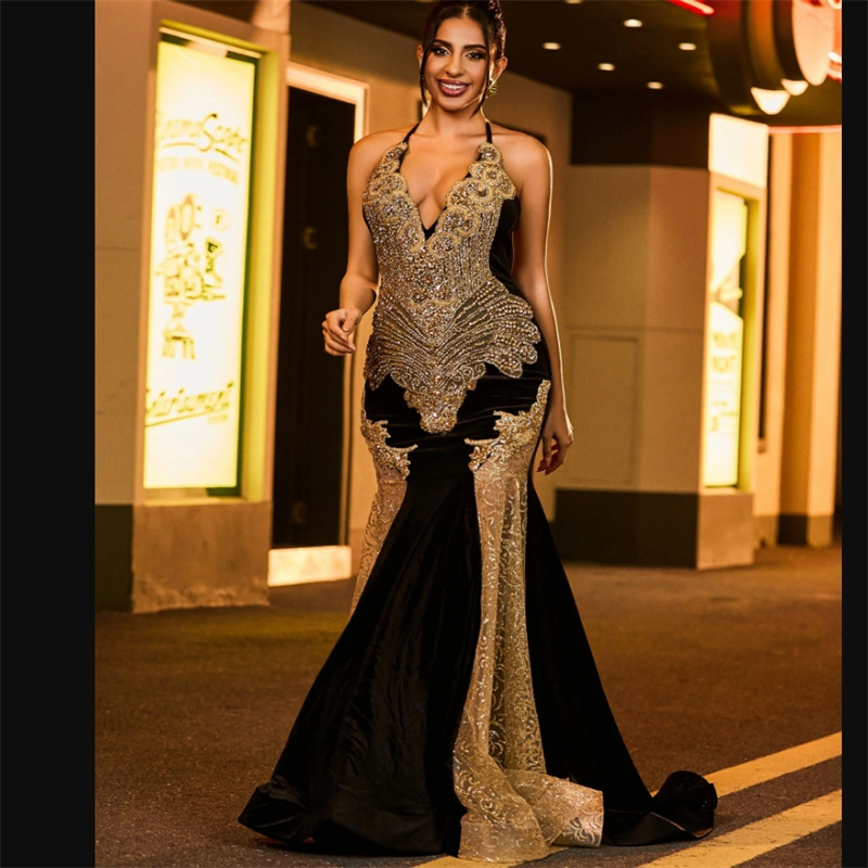 Luxury Black And Gold Evening Dress Diamond Crystal Mermaid African Prom Dress Sequin Plus Size Formal Occasion Party Birthday Bespoke Occasion Dress 