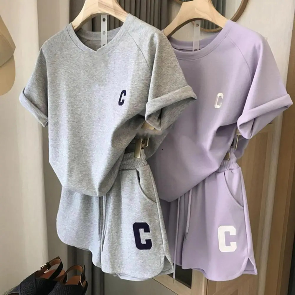 2 Pcs/Set Women Summer Tracksuit Short Sleeves Letter Embroidery Loose Round Neck Pockets Daily Wear Elastic Waist Exercise 250210