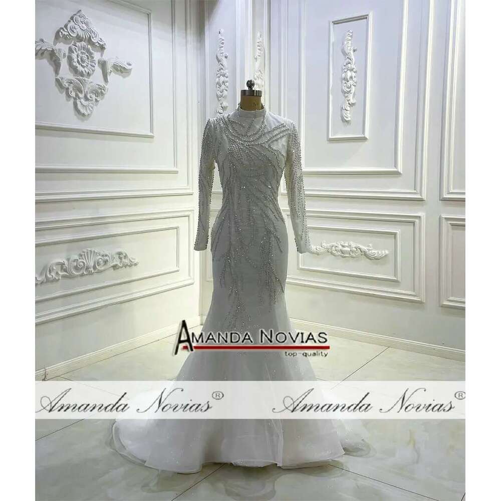 Full Beading Lace Bridal Dress High Neck Mermaid Muslim 2 in 1