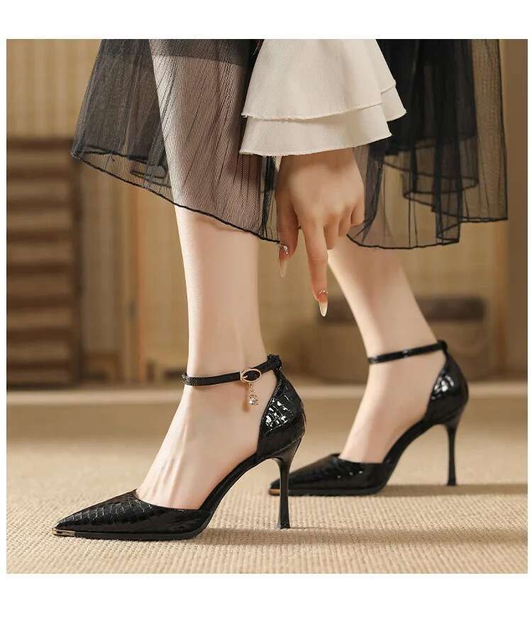Size 31-43 Metal Point Toe Anti-Kick 9Cm High Heels Women Patent Leather Hollow Two-Piece Thin Heel Shoes