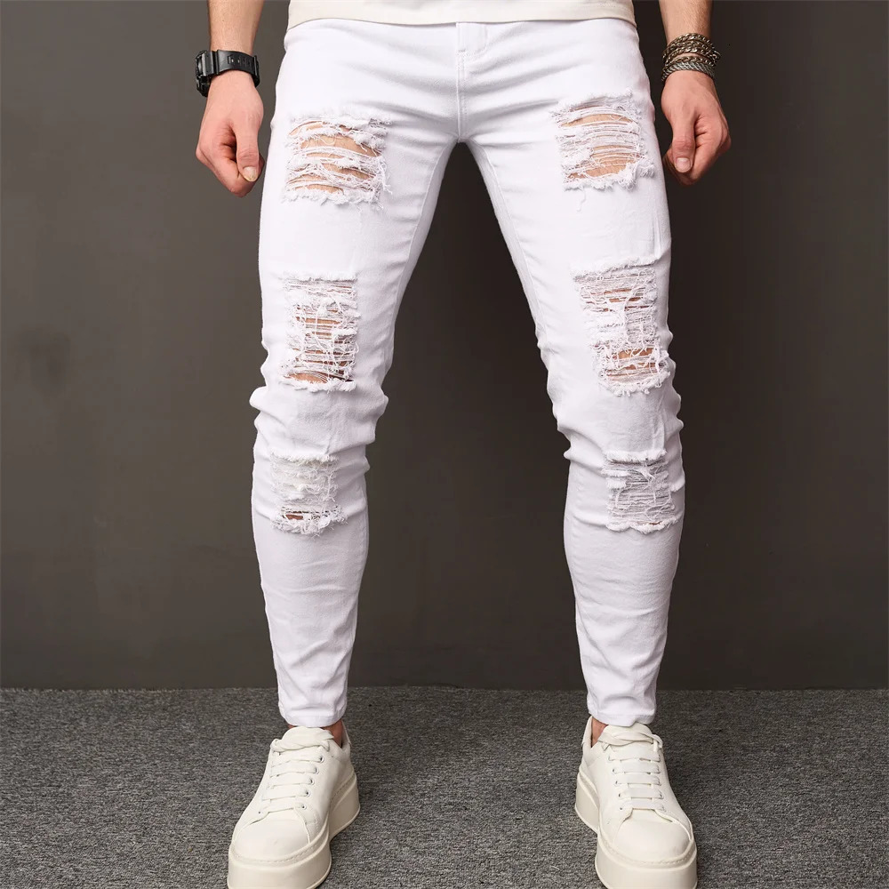 Streetwear Holes Skinny Jeans Stylish Men Stretch Slim Trousers Distressed Ripped Solid Male Casual Pencil Denim Pants 250210