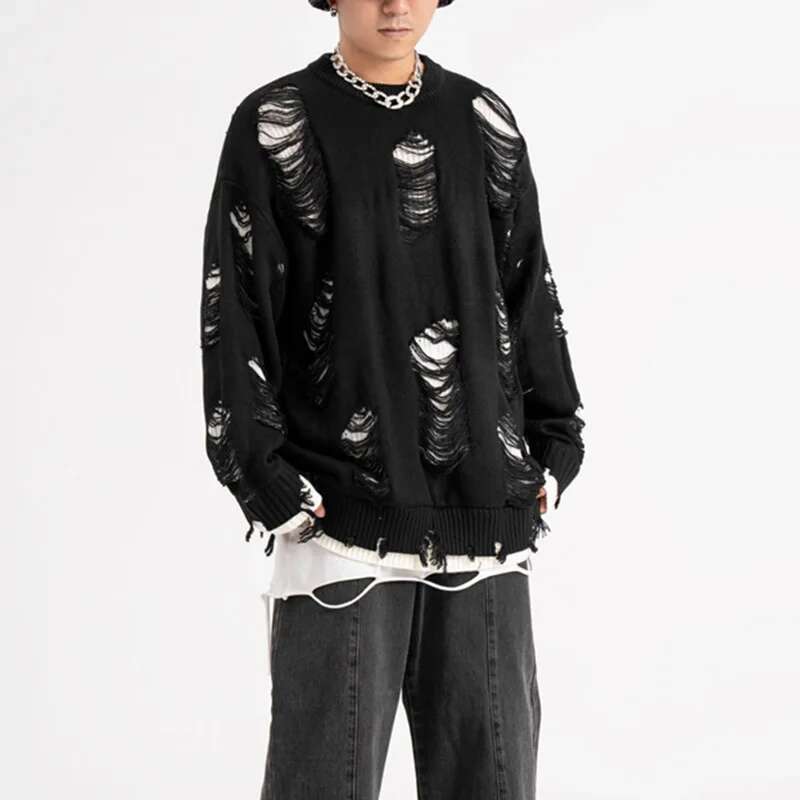 Frayed Hole Double Wear Oversized Pullover Sweater Men's Autumn And Winter Crew Neck Ripped Casual Couple Knitted Sweaters