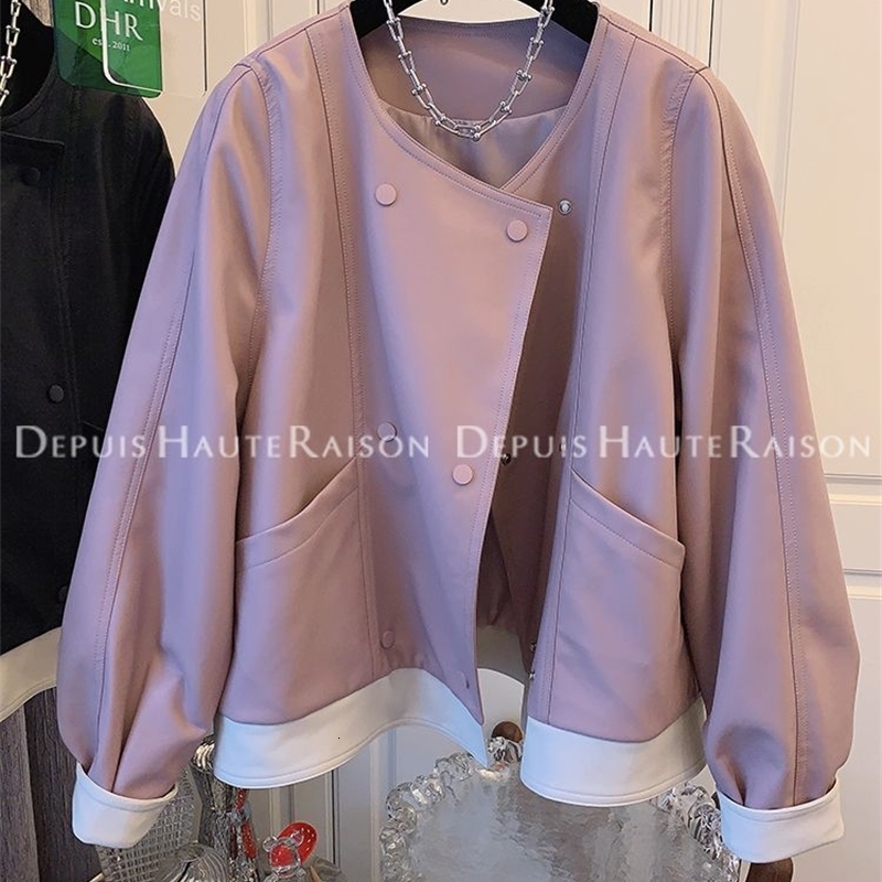 Retro Hong Kong Style Chic Sweet and Spicy Contrasting Color Neutral Retro Style Leather Jacket Womens Short Style Dad Style 250206