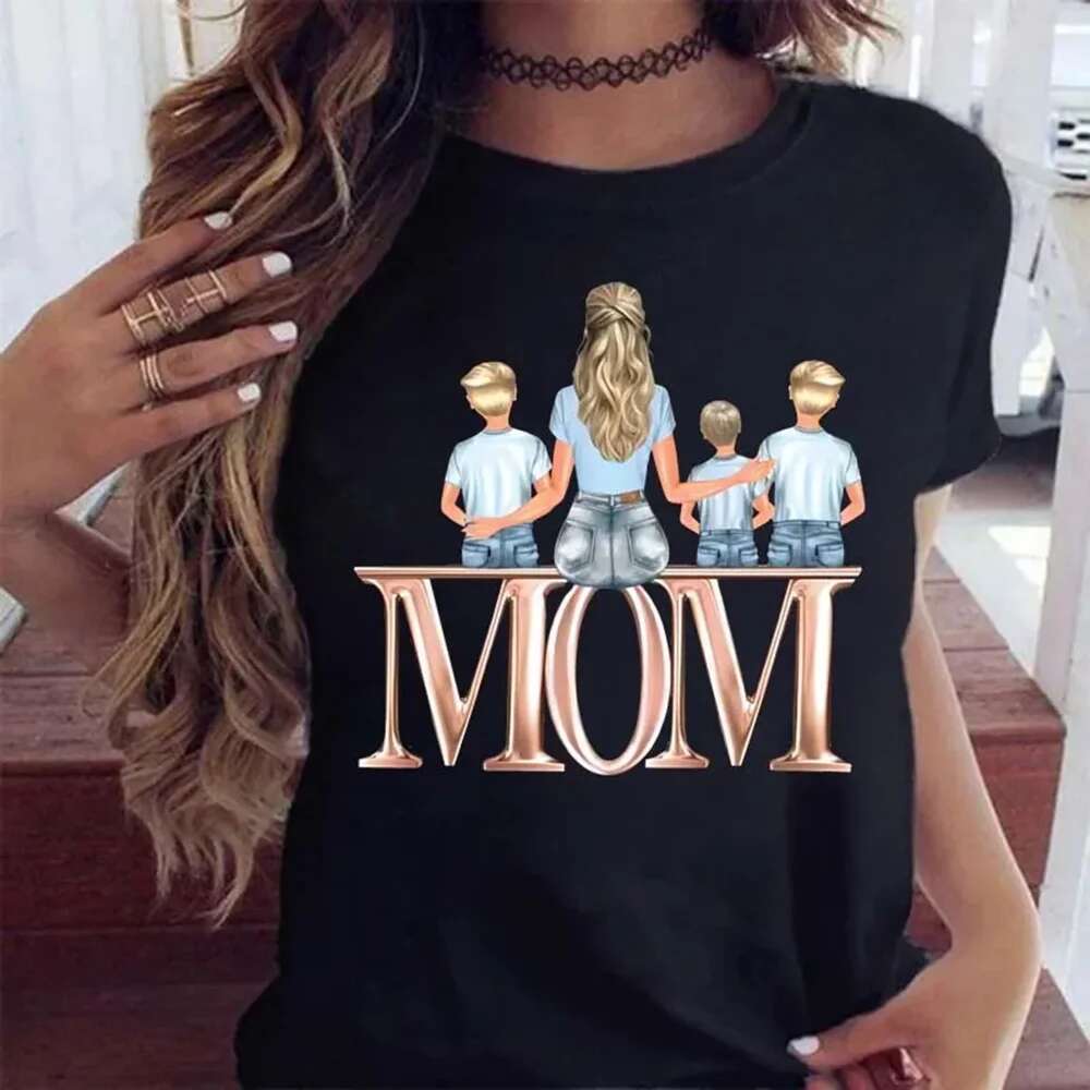 Plus Size Maycaur Women T Cartoon Mom With Son Shirt Fashion Print Casual Woman Tee Ladies Female T-Shirt Short Sleeve Top