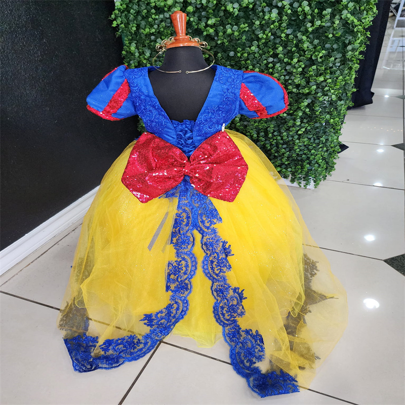 Blue And Gold Flower Girls Dress 2025 Short Sleeve Sequin Mariachi Kid Pageant Party Lace First Communion Birthday Dress Princess Kids Vestio De Novia