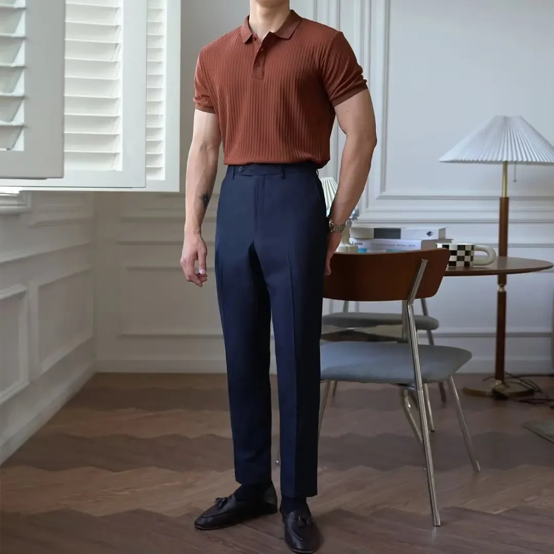 Summer Trendy Striped Solid Color Short Sleeve Polo Shirt For Men Casual Vintage Versatile Lapel T-shirt Knitted Top 250208