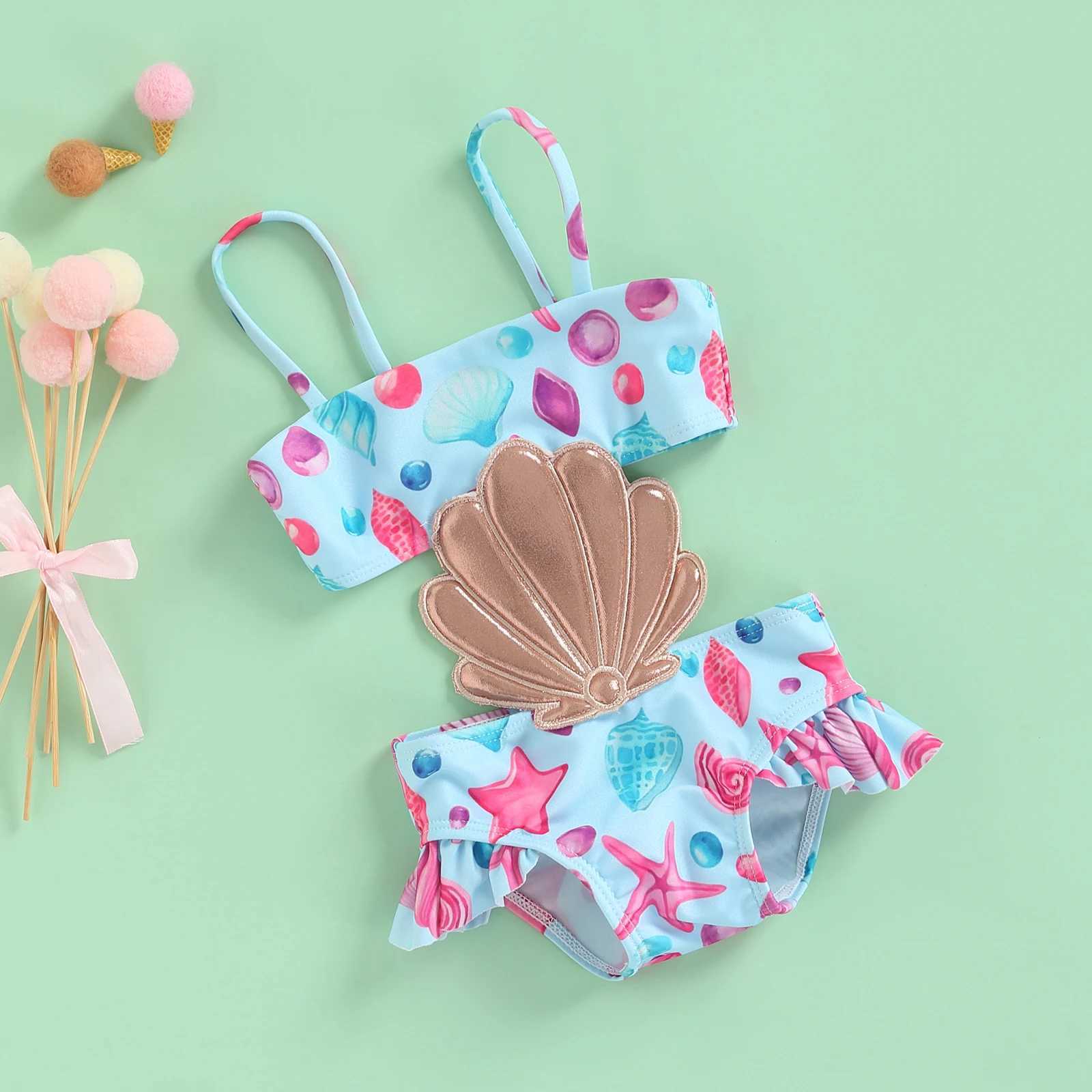 2022 Yiiciovy Baby Girls Summer Swimwear Sweet Girls Bathing Suit Beachwear Sleeveless Swimsuit with Shell Swimsuits Z250214