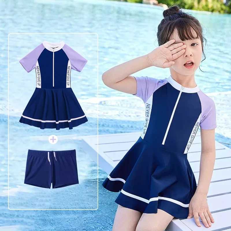 Girls UPF50+UV Protection Short Sleeve WaterProof Bathing SwimWear Kids One Piece Athletic Long Sleeve Surfing Beach Swim Skirts Z250214