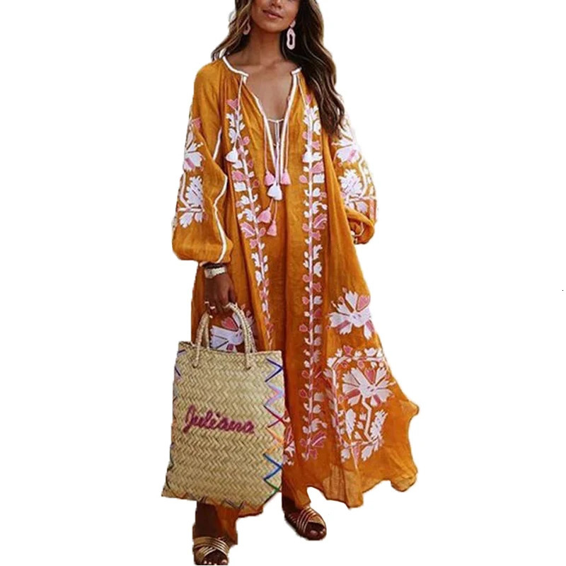 Womens Maxi Dress Boho Print Lace Up Long Sleeve Dress V-neck Loose Fashion Bohemian Beach Vintage Ruffle Hem Print Dresses 250213