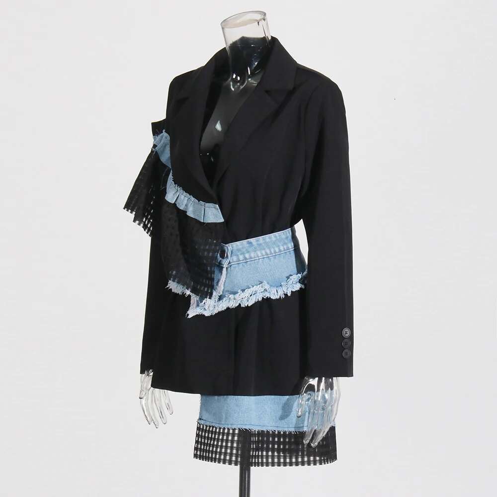 Colorblock Hollow Out Jackets For Women Notched Collar Long Sleeve Patchwork Denim Vintage Jacket Female Clothing