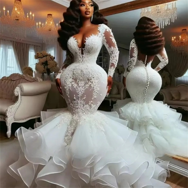 Unique African Nigeria Wedding Dress 2025 Luxury Long Sleeve Lace Tiered Ruffles Civil Bridal Dress Mermaid Bride Dress vestidos de novia boda