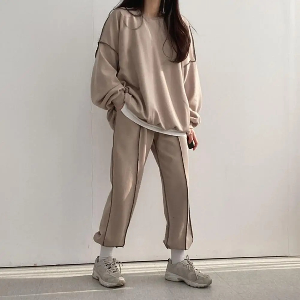 Jogging Pants Outfit Womens Round Neck Sweatshirt Loose Trousers Set Solid Color Sport Outfit with Elastic Waist Long for Fall 250210