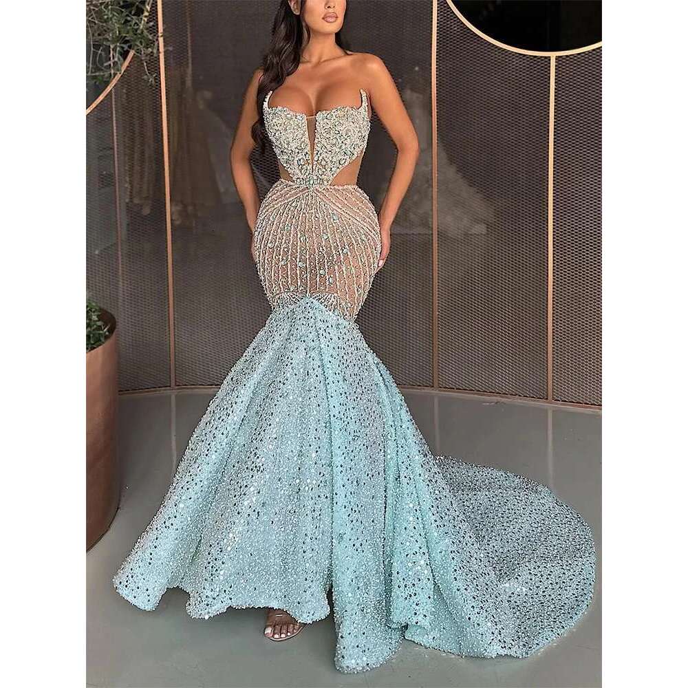 Blue Strapless Formal Evening Cut-out Mermaid Shiny Beaded Prom Dresses Customized Vestido De Fiesta