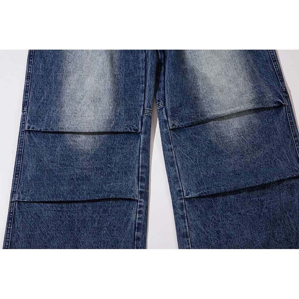 Haruku Washed Vintage Blue Baggy Jeans For Men And Women Straight Ropa Hombre Knee Pleated Denim Trousers Oversize Cargo Pants
