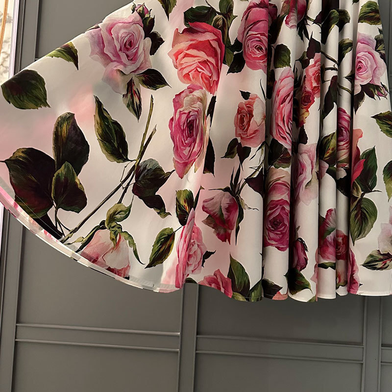 Women's Floral Print Cotton Pleated Midi Skirt Luxury Fashion High-Waist Calf-Length High-Quality Clothing Trendy Elegant Spring Summer Vacation 