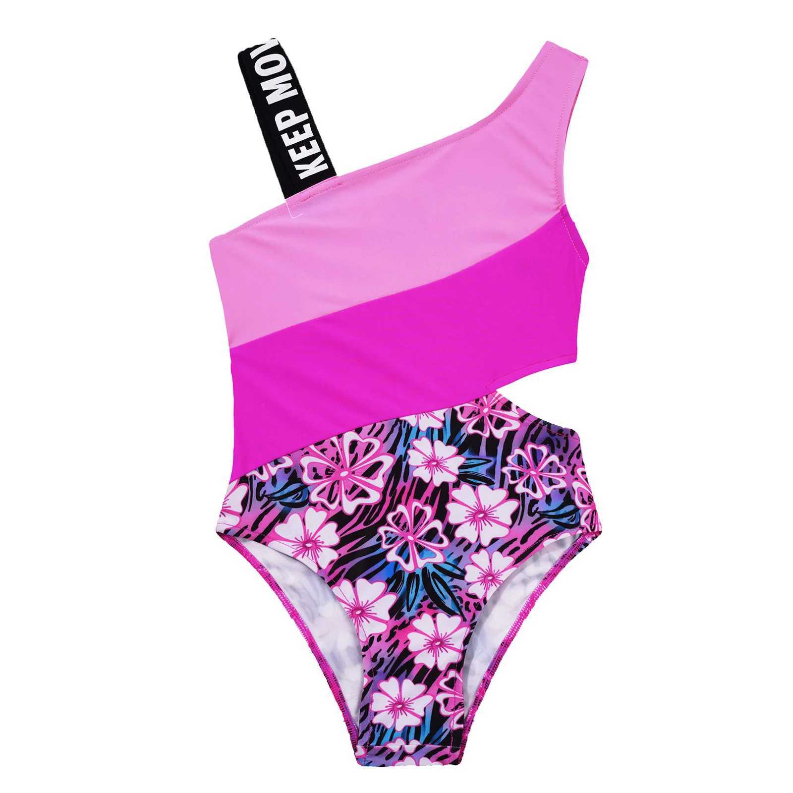 Kids Girls Print Monokini Bathing Swimsuit Swimming Tight Fitting Jumpsuit Hollow Out Waist Bodysuit Beach Pool Swimming Z250214