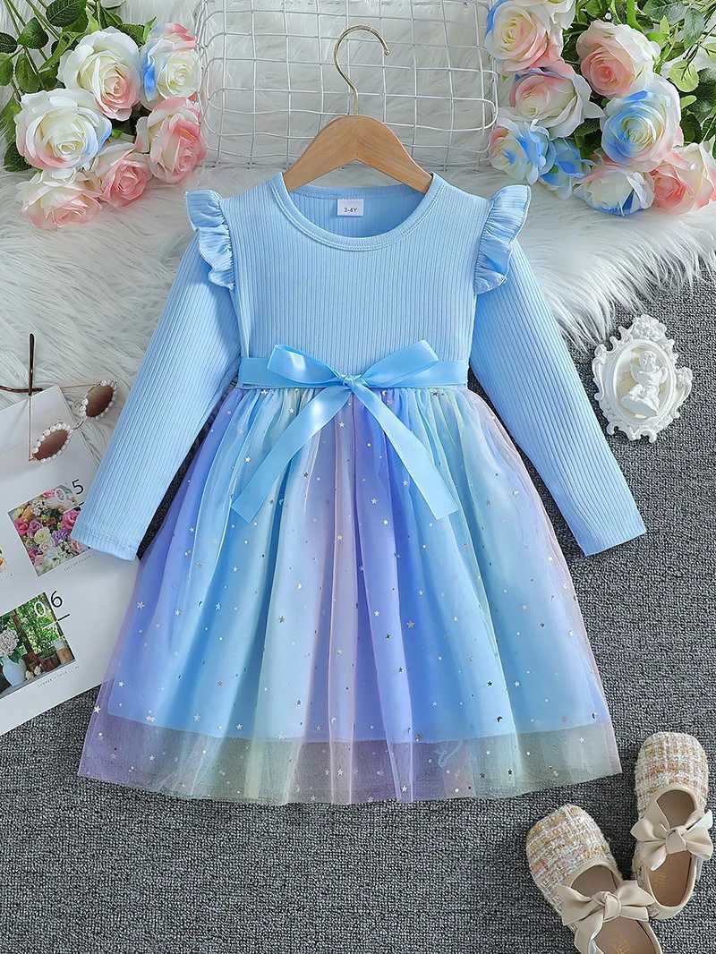 Girls Long Sleeved Bow Dress 2-6Y Fashion Thin Childrens Starry Sky Sequin Mesh Dress Spring Autumn Kids Clothing Z250214