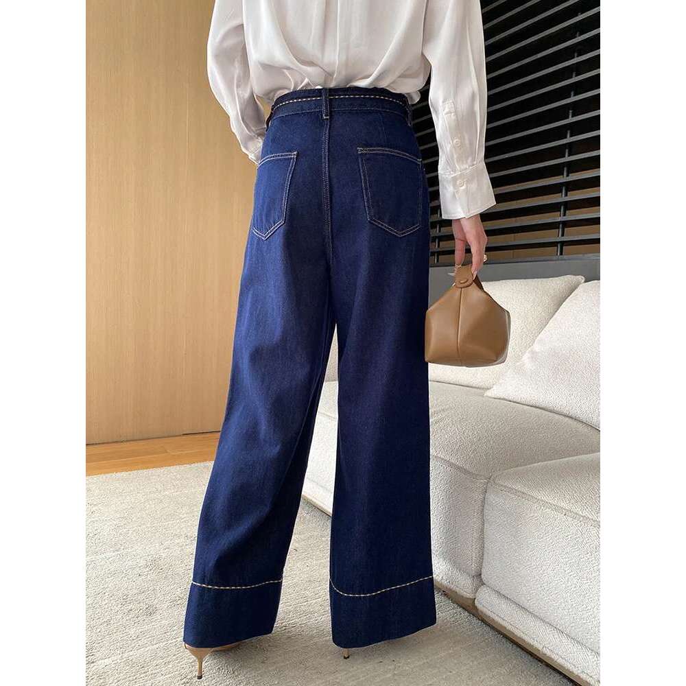 Spliced Design Jeans For Women High Waist Wide Leg Denim Pants Office Lady Loose Trousers 2025 Autumn New 26C184