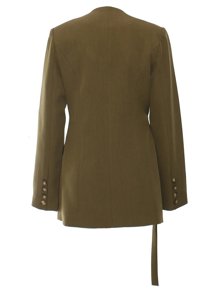 EAM Women Green Corss Bandage Pocket Elegant Blazer V-neck Long Sleeve Jacket Fashion Spring Autumn 1DH7482 250206