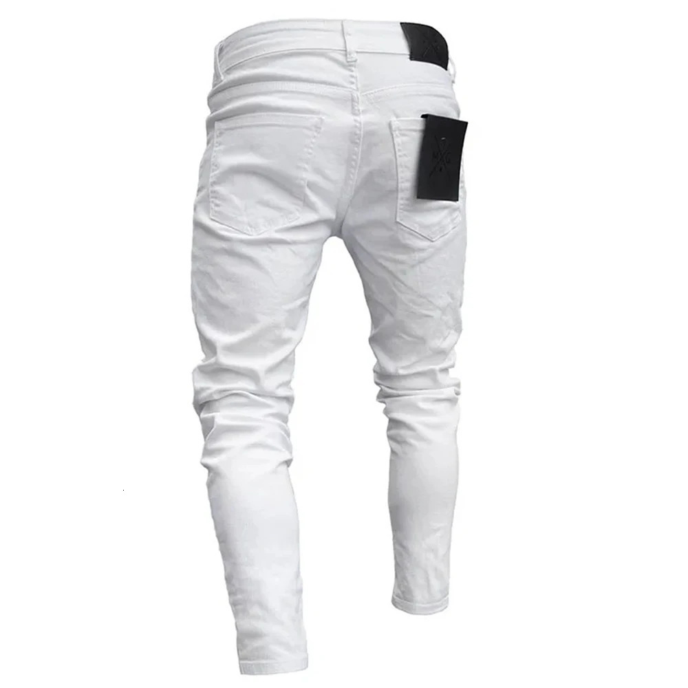 White y Skinny Ripped Jeans Men Cotton Stretchy Hole Slim Fit Hip Hop Denim Pants Casual for Jogging Trousers 250210