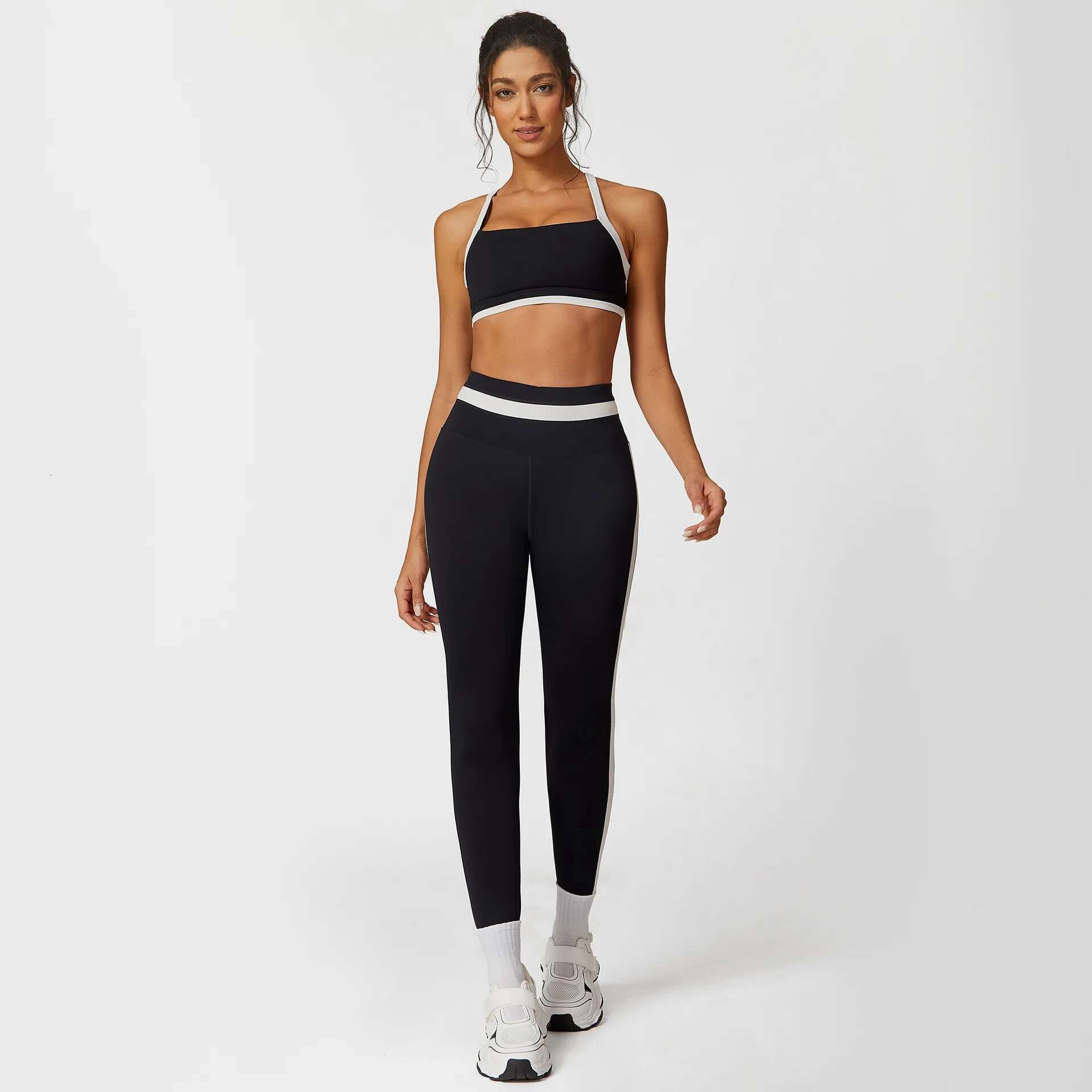 Yoga Sets 2 Pieces Women Clashing Color Ribbed Sports Suits Shockproof Bra&High Waist Leggings Elastic Gym Workout Clothing