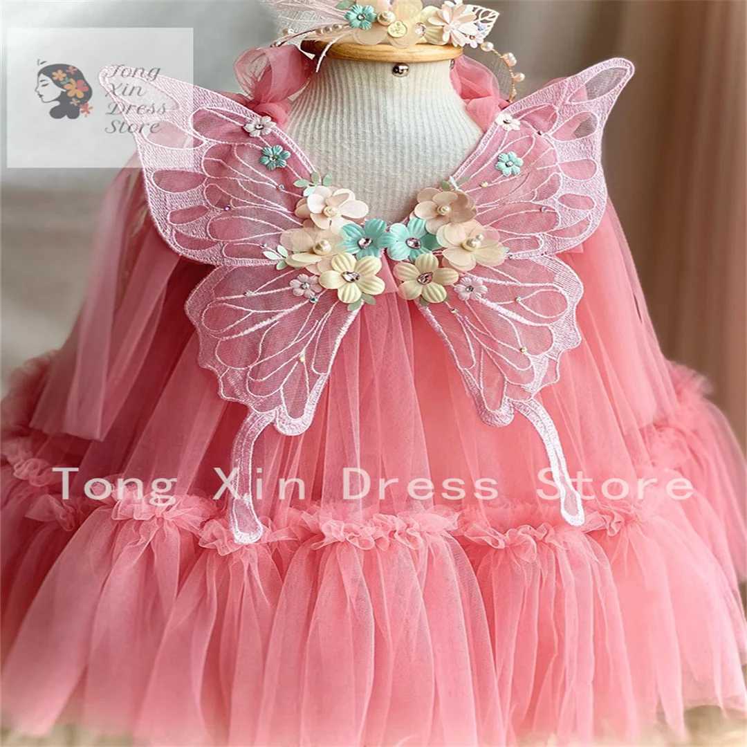 New Arrival Flower Girls For Weddings Pink Handmade Flowers Tiered Floor Length Kids Prom Dresses Wedding Par Dress Vestidos Z250214