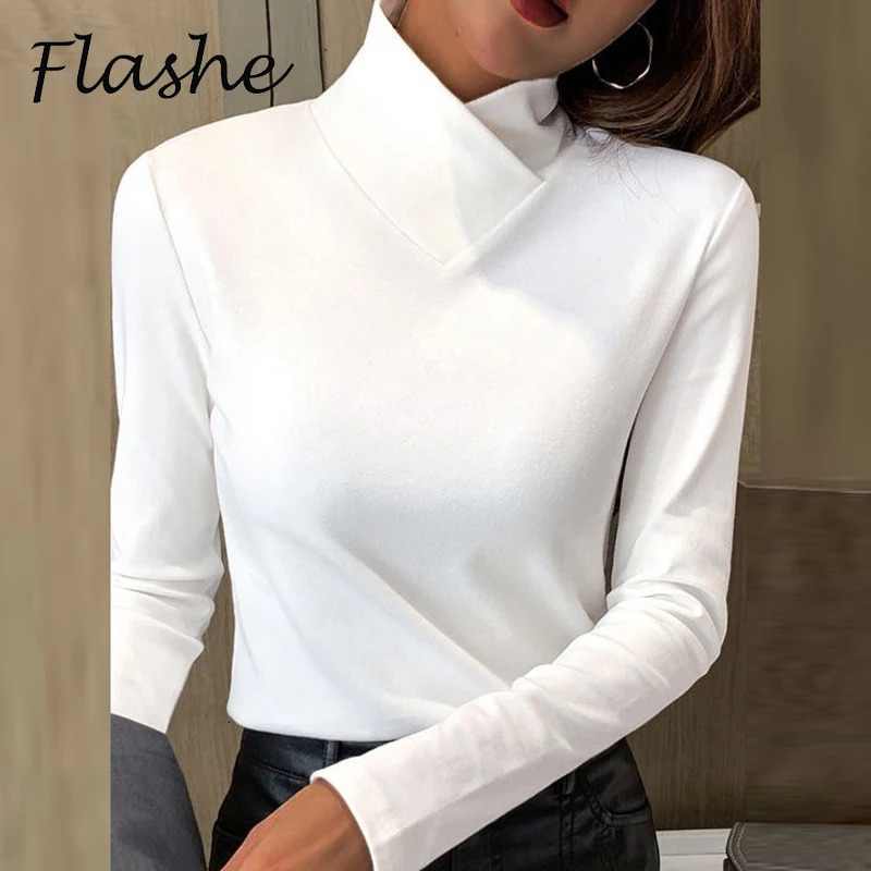 Spring Automne Basic Shirt Women Elegant Coltrefleneck à manches longues T-shirts décontractés Fashion Women Office Tops White 250213