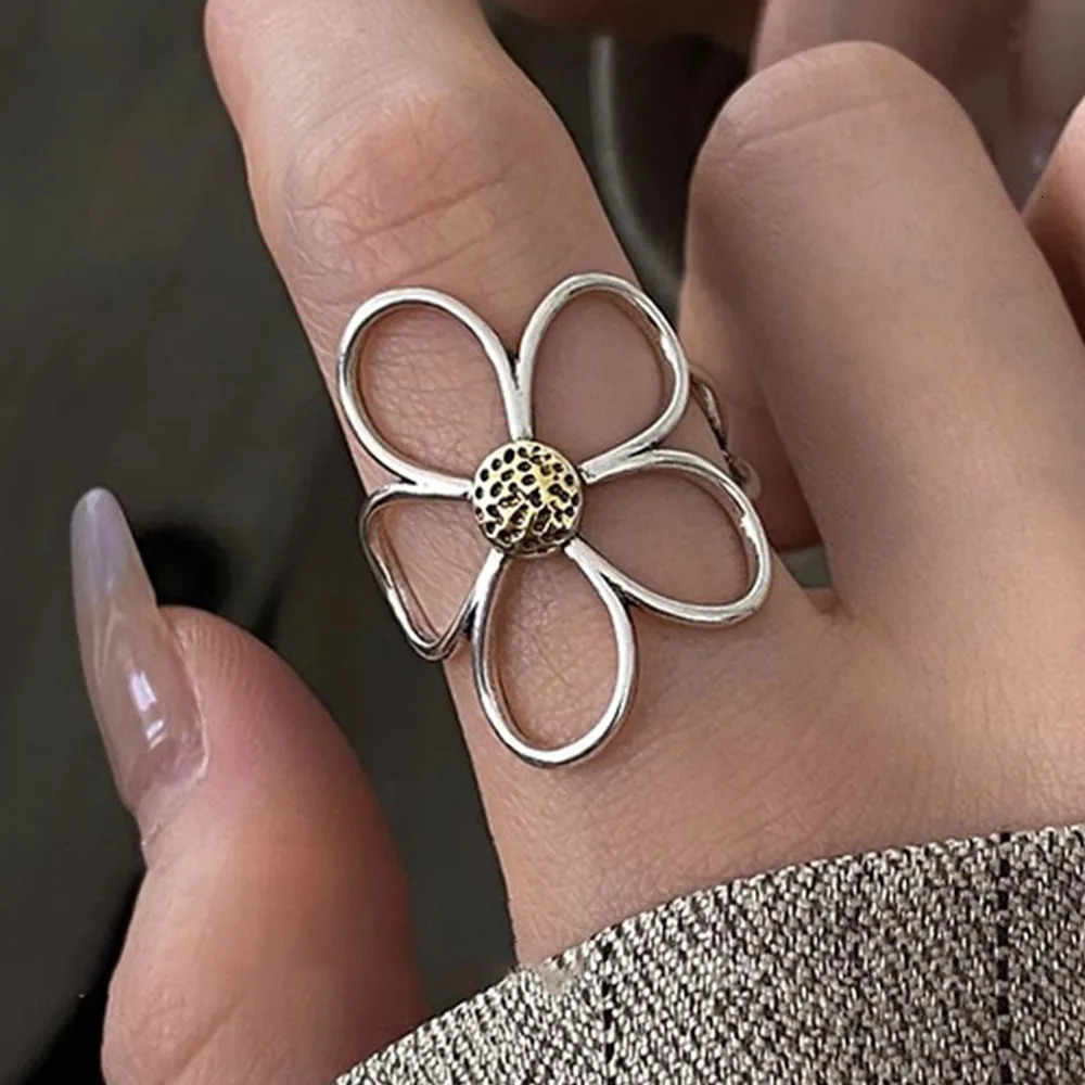 925 Sterling Silver Rings for Women Couple Minimalist Handmade Simple Big Flower Ring Party Jewelry Gift Prevent Allergy 250213