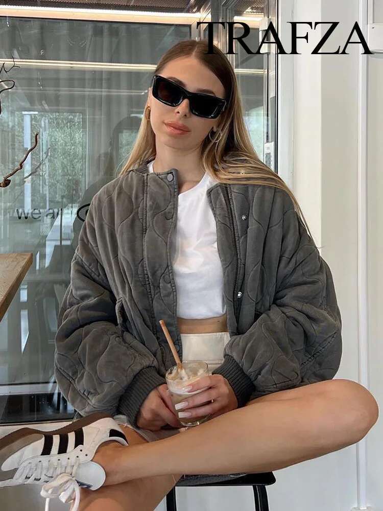 TRAFZA Winter Fashion Spliced Cotton Clothes Loose Bomber Retro Long Sleeve Women's Jacket with Pockets