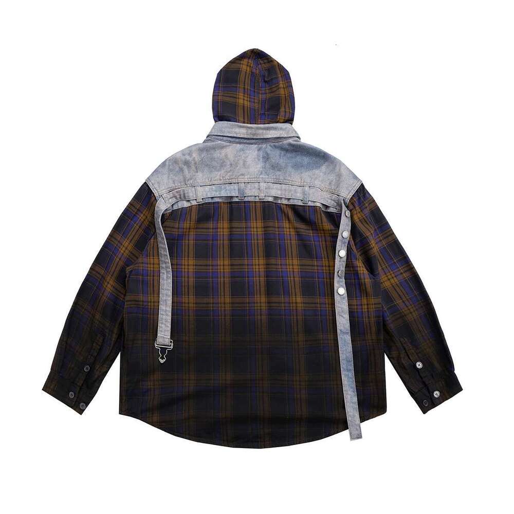 Haruku Contrast Gradient Color Plaid Hooded Shirt For Men Streetwear Single Breasted Long Sleeve Shirts Oversized