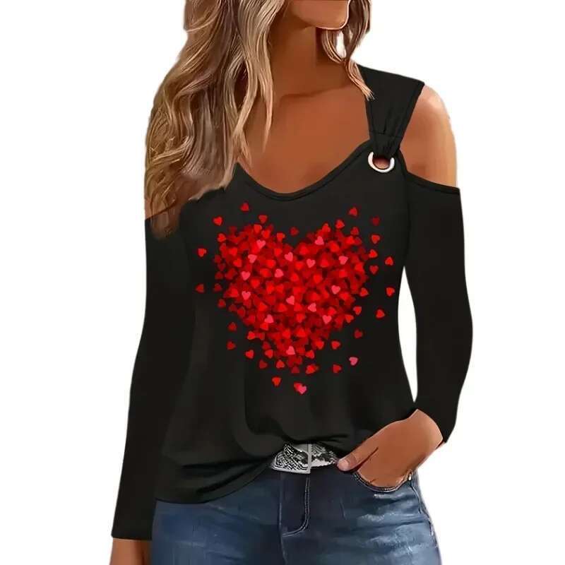 Women Plus Size 1Xl-5Xl Women's Sexy Off The Shoulder Long Sleeved T-Shirt Ladies Love Printed Fashion Top