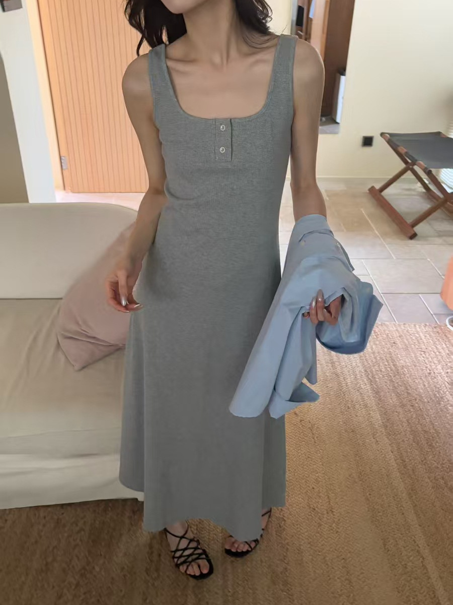 X222 Simple knitted vest dress for women Spring and summer slim fit versatile long skirt