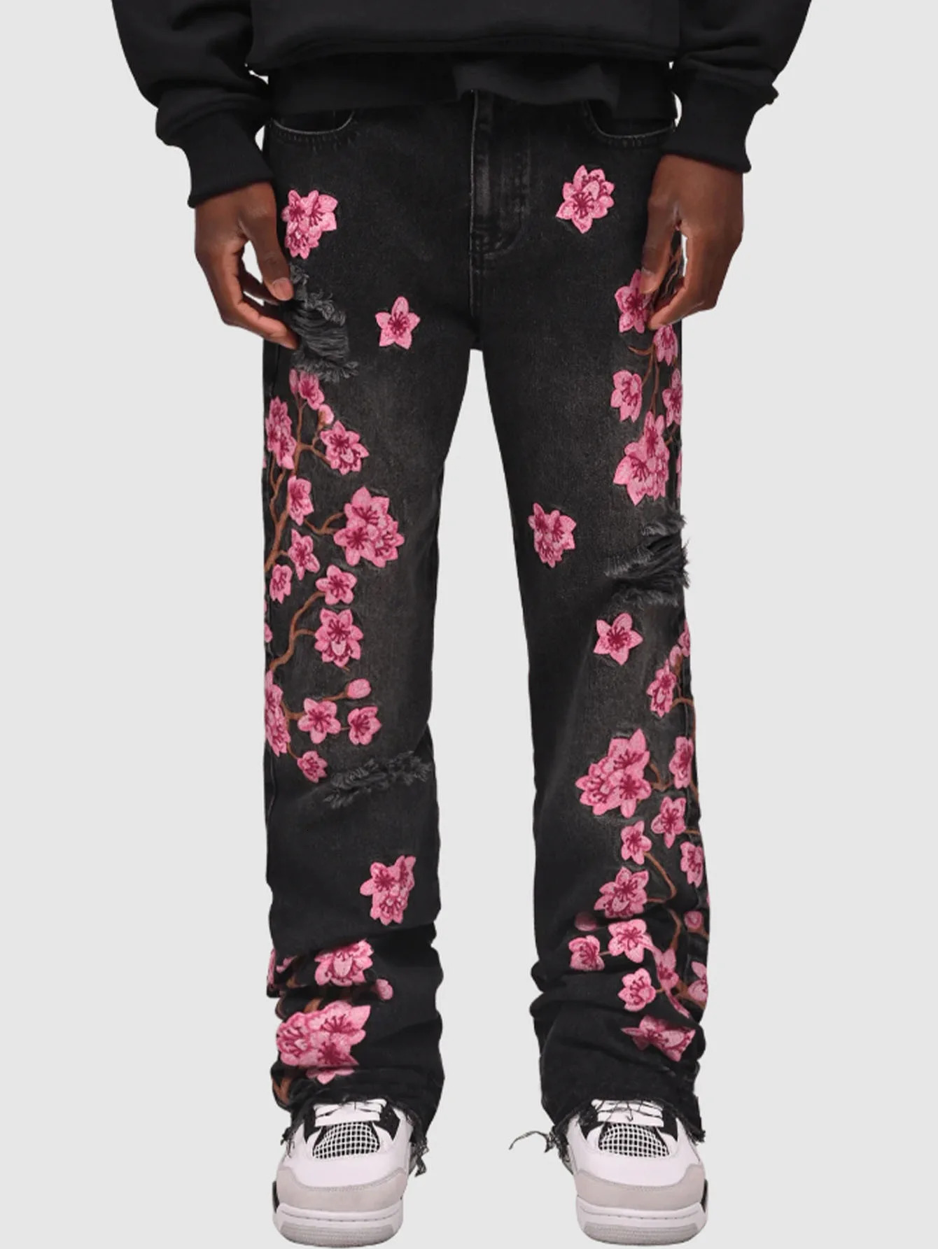 European Stacked Jeans For Men Ripped Holes Floral Patchworks Denim Pants Males Fashion Clothes 250214