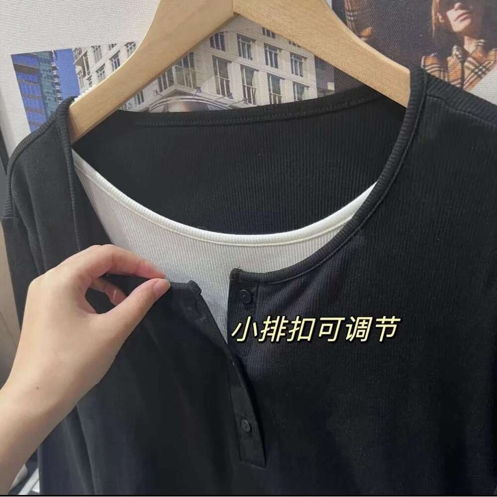 Women's Front Double Layers Henry Shirt Casual Long Sleeve Crew Neck Tunic Basic Fall Tops Black T-Shirts