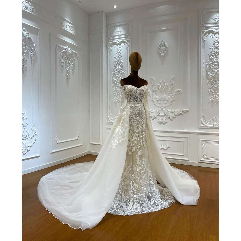 Custom Off Shoulder Appliques Lace Long Sleeves 2 in 1 quinceanera Mermaid Wedding Dress