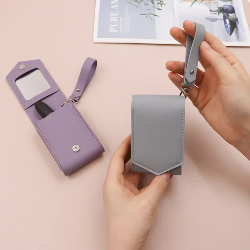 Portable Women Lipstick Case with Lanyard Elegant Solid Color Chic Makeup Bag with Mirrors Keychain Earphone Lip Storage Bag 250207