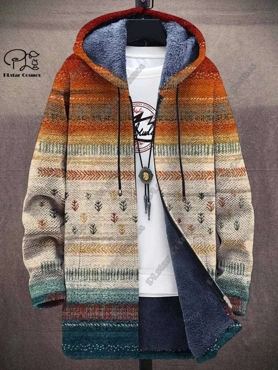 3D printed new winter hooded unisex retro geometric gradient art pattern plush thickened long-sleeved casual warm jacket DY-2