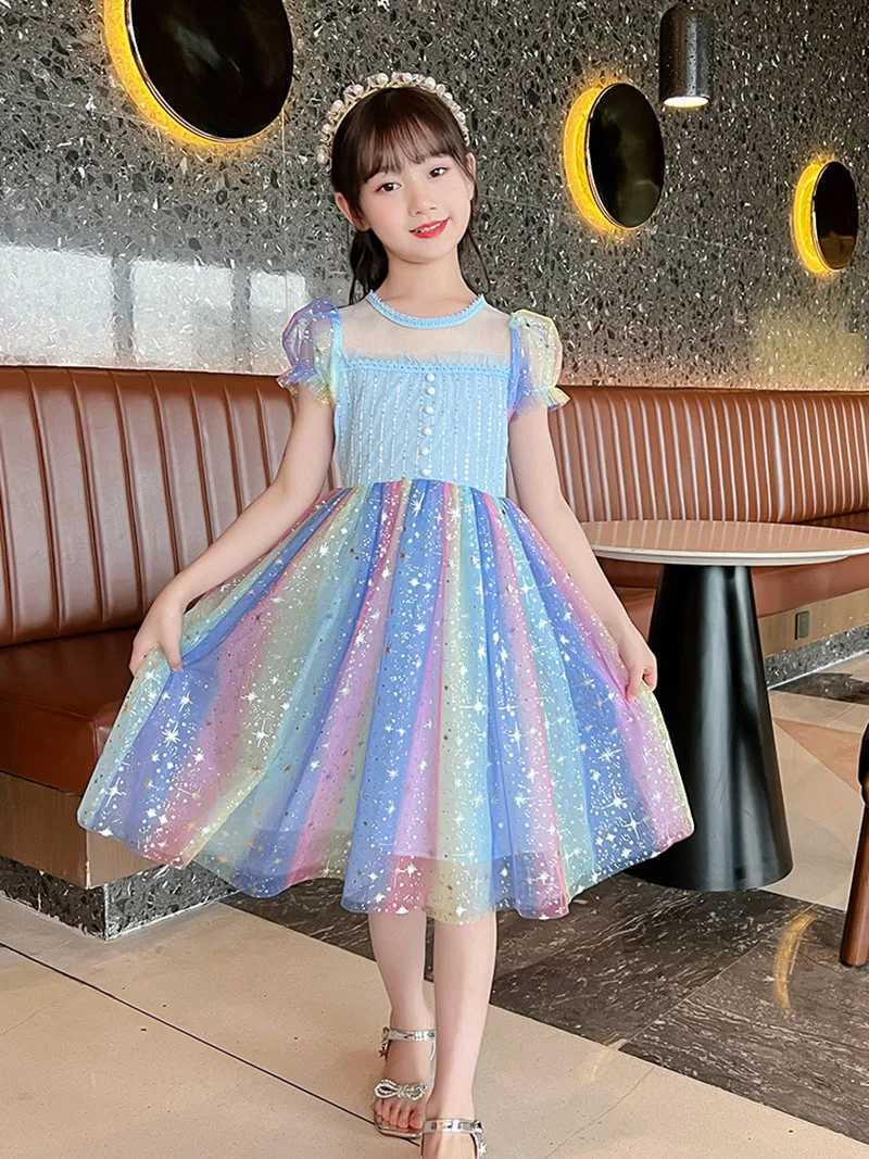 Summer Kids Clothes Girls Short Sleeve Dress 2-8Y Cute Girls Rainbow Starry Sky Mesh Princess Dress Kids Outfit Z250214