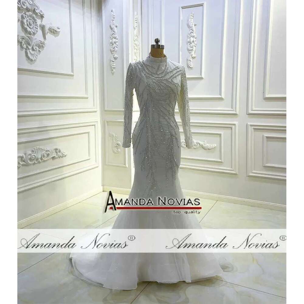 Full Beading Lace Bridal Dress High Neck Mermaid Muslim 2 in 1