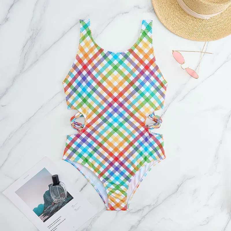 2025 Girls Swimsuit One Piece Rainbow Plaid Kids Swimwear Childrens Bathers Bathing Swimming Swim Suit Summer Beachwear Z250214