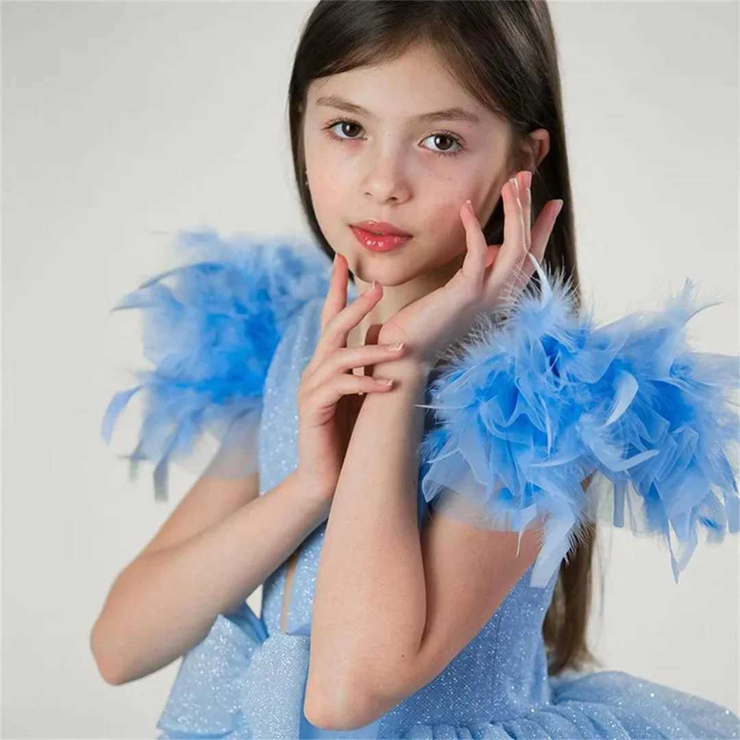 Light Blue Flower Girl Dresses for Wedding Tiered Feather Floor Length Girl Kids Birthday Par First Communion Gowns Customized Z250214