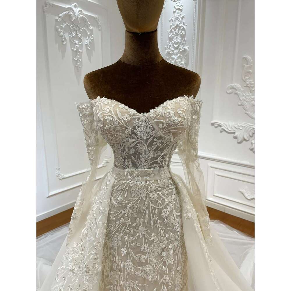 Custom Off Shoulder Appliques Lace Long Sleeves 2 in 1 quinceanera Mermaid Wedding Dress