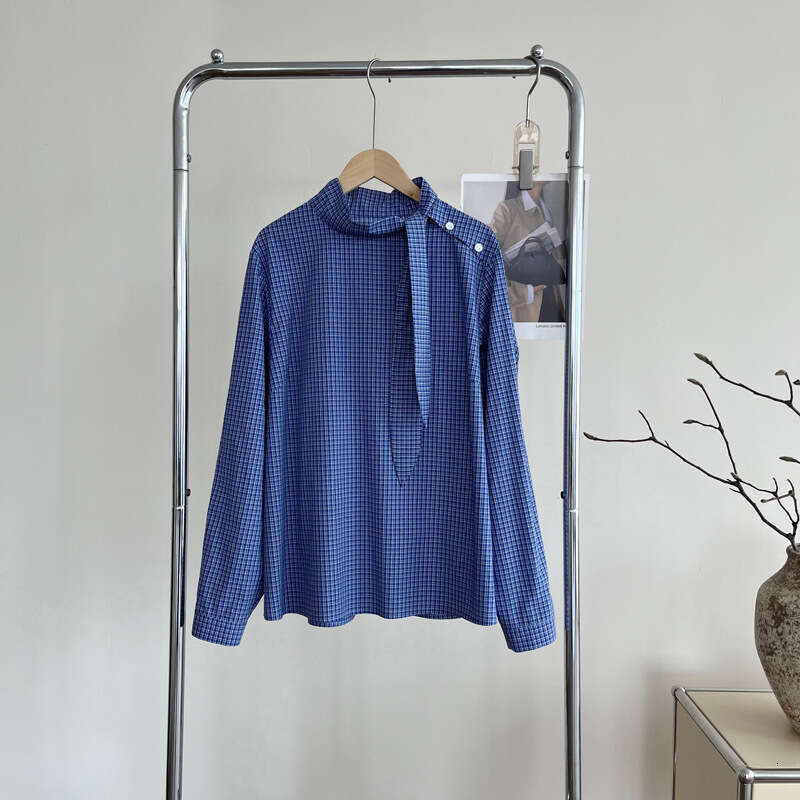 100% Cotton Blue Checkered Lace Up Long Sleeved Shirt For Women Autumn Loose Top