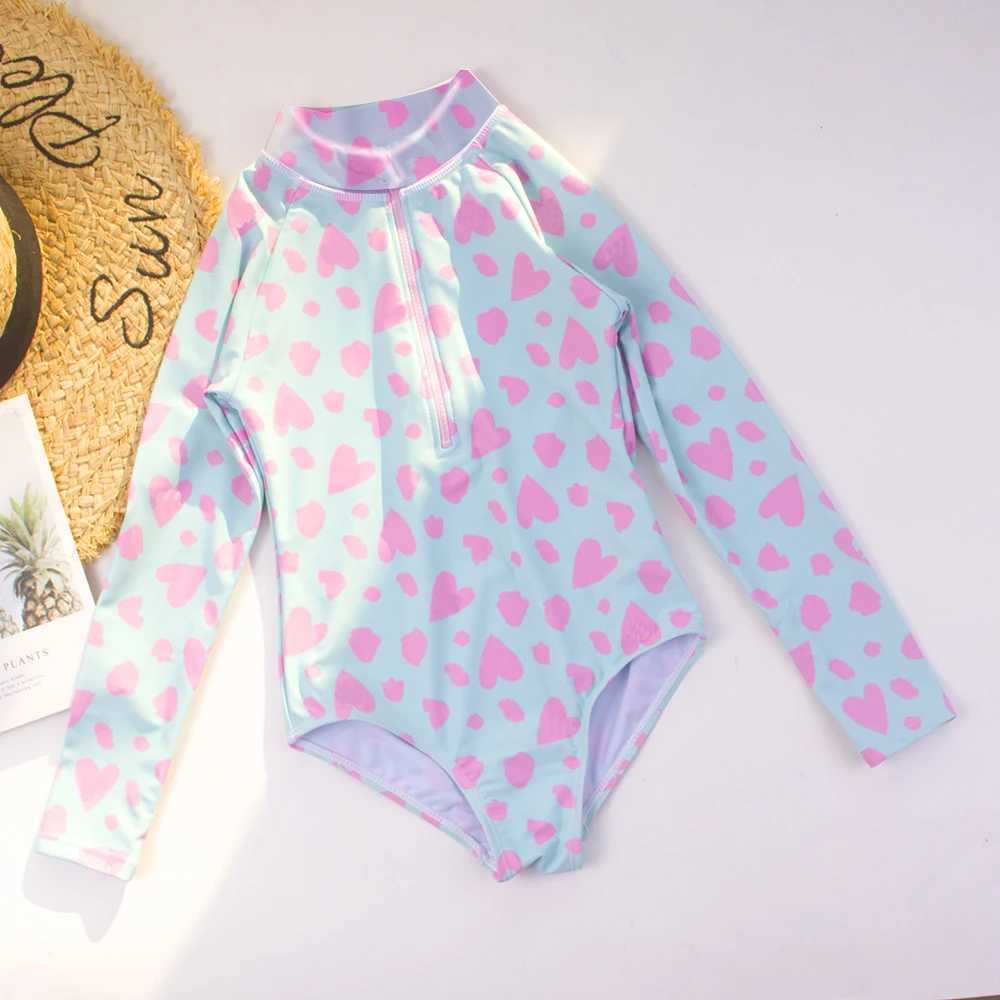 One-piece Quick-Drying Heart Print Swimsuit For Girls Zipper High Elastici Long Sleeved Round Neck Sports Baby Kids Swimwear Z250214