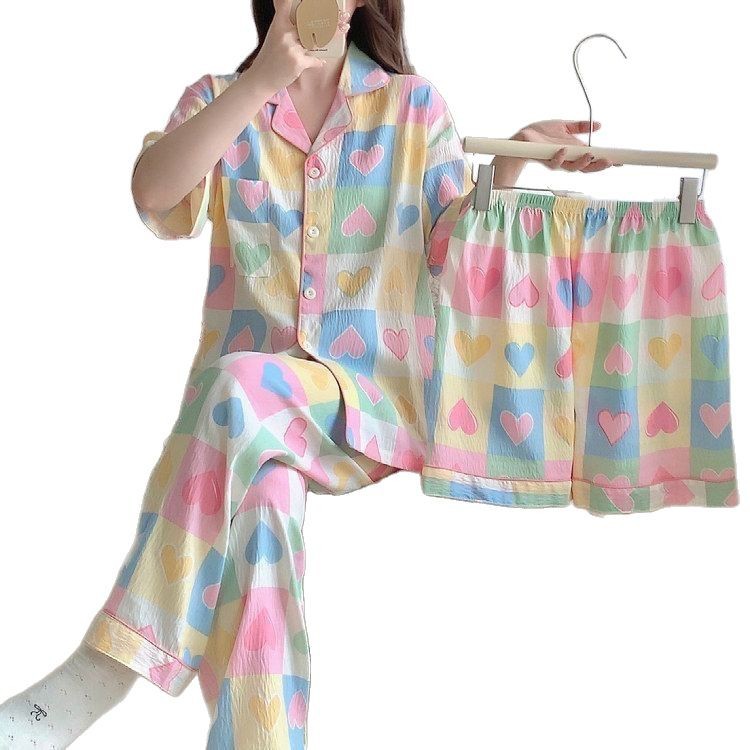 Y18-European and American style large size home clothes plus size plus size love round neck short sleeve long pants women's pajamas set
