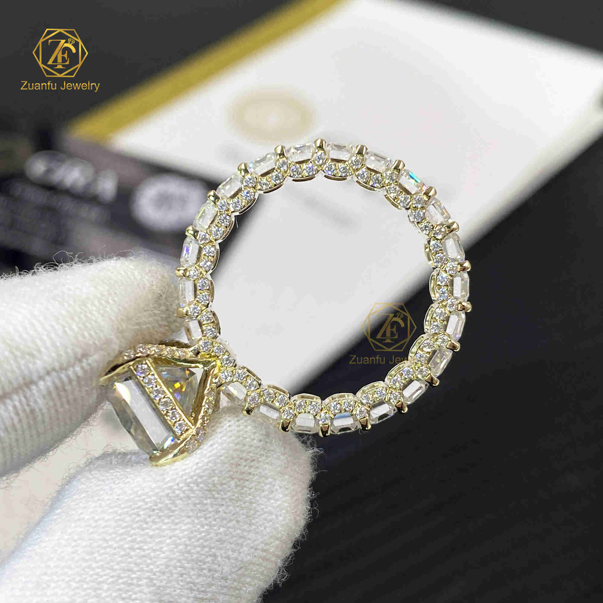 14K Solid Gold Moissanite Diamond Design 9x11mm Radiant Cut and 3x4mm Emerald Cut Full Band Wedding Engagement Ring